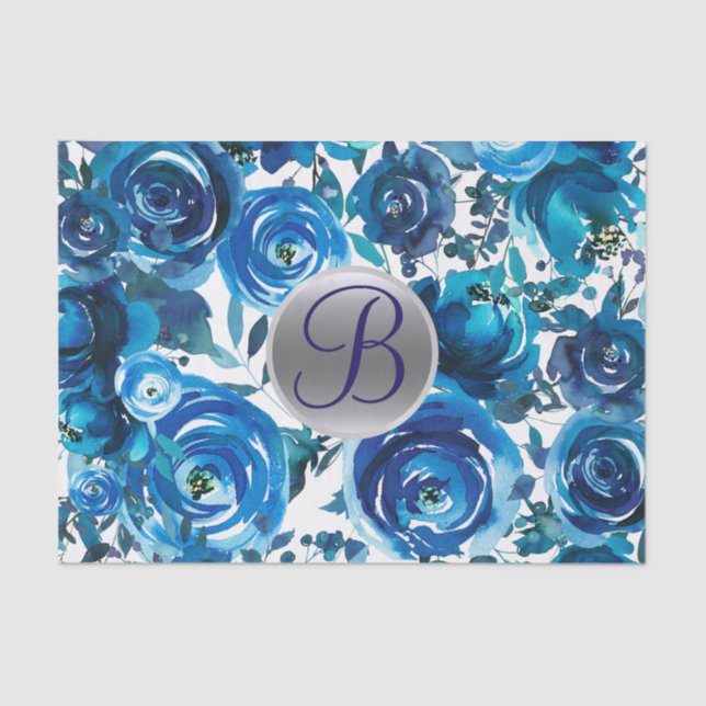 Papel De Seda Azul Indigo Floral Monograma - Letra Inicial (Frente )