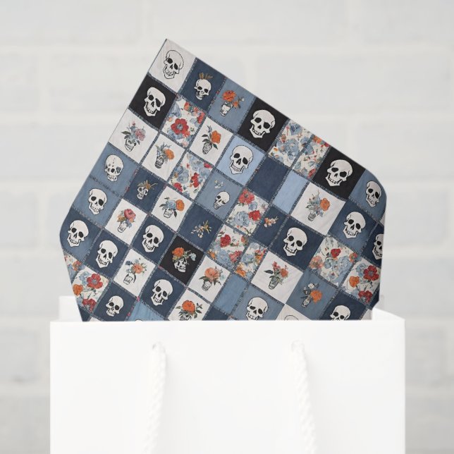 Papel De Seda Azul, Jean Denim, Patchwork Skulls E Florals (Sacola de presentes)