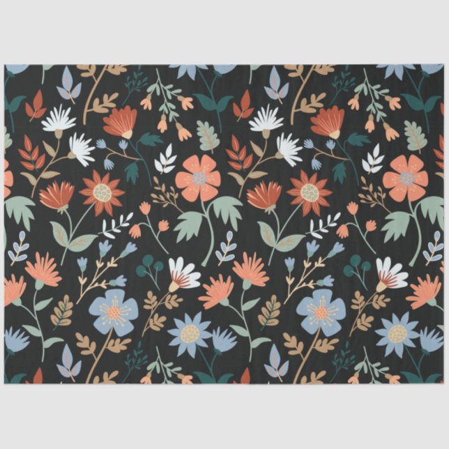 Papel De Seda Azul Laranja Negro Moderno Folha Floral (Frente )