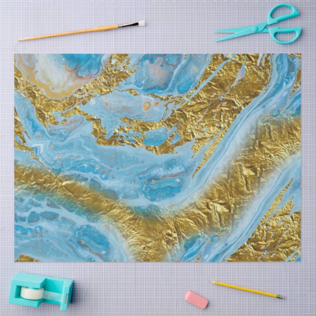 Papel De Seda Azul, Marble e Folha de Ouro (Arte )