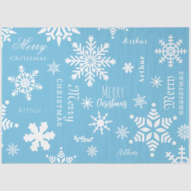 Papel De Seda Azul Moderno Nome Personalizado Neve de Natal (Frente )