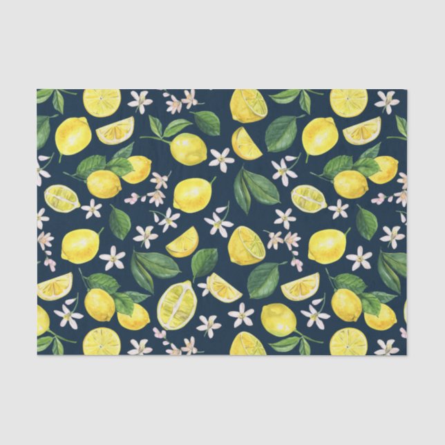 Papel De Seda Azul Naval Floral Limão Cítrico  (Frente )