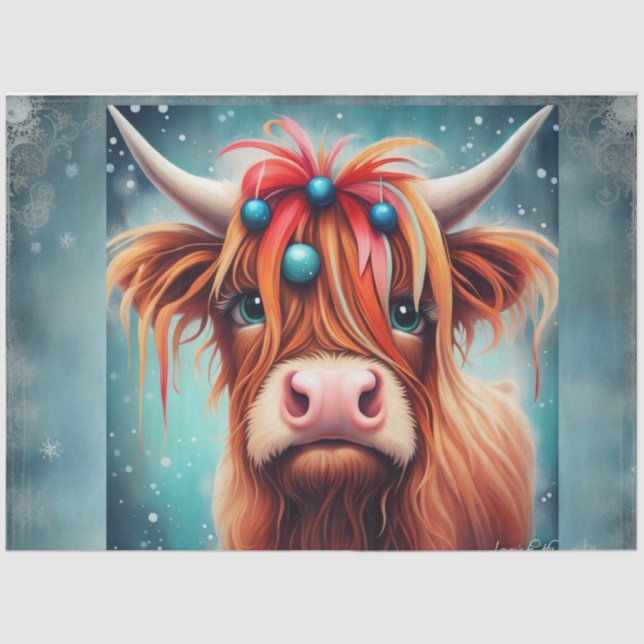 Papel De Seda Azul Ornament Highland Cow Decoupage Paper (Frente )