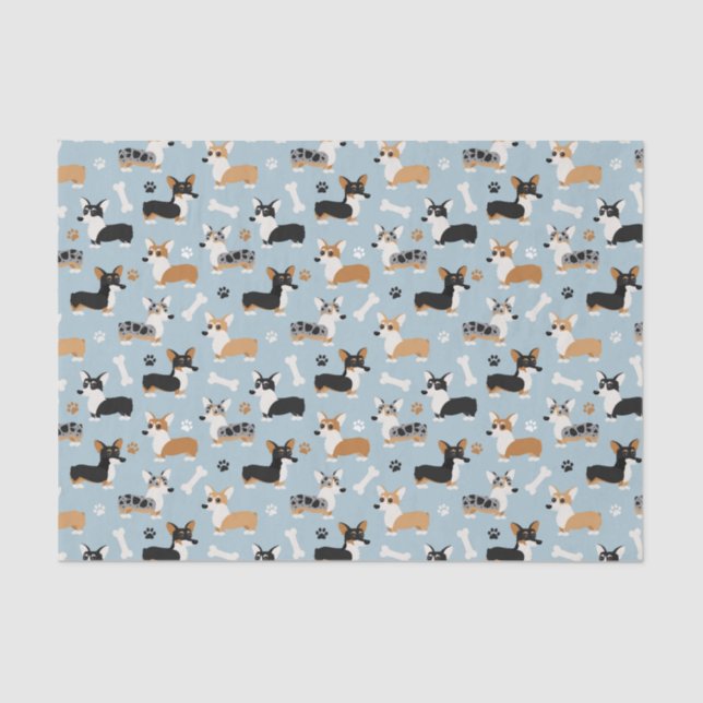 Papel De Seda Azul Padrão Corgi (Frente )