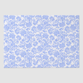 Papel De Seda Azul Pó e Damasco Floral Branco