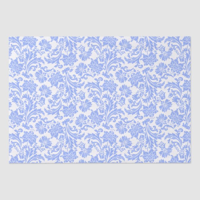 Papel De Seda Azul Pó e Damasco Floral Branco (Frente )