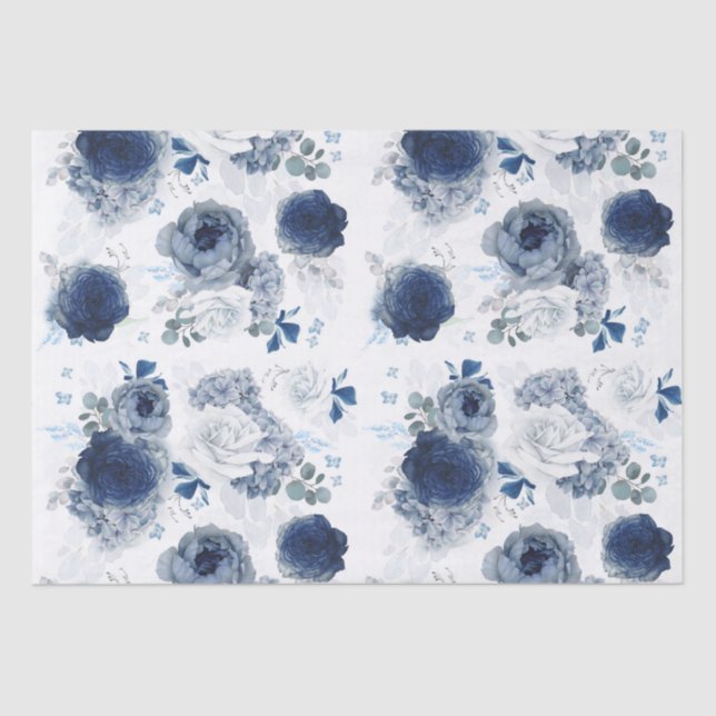 Papel De Seda Azul poeirento e flores azuis Marinhos elegantes (Frente )