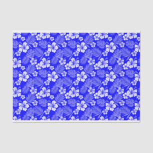 PAPEL DE SEDA AZUL REAL COM FLORES DE HIBISCUS BRANCOS TROPICAIS