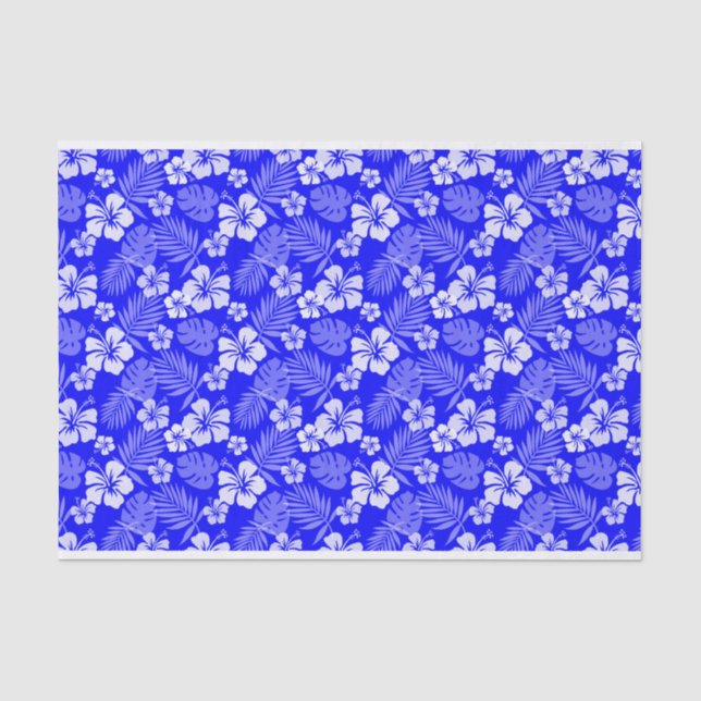 PAPEL DE SEDA AZUL REAL COM FLORES DE HIBISCUS BRANCOS TROPICAIS (Frente )