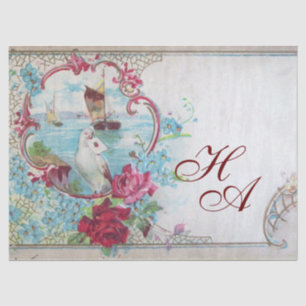 PAPEL DE SEDA AZUL ROMÂNTICO ROSA FLORAL, POMBA, ROSAS E PAISAGE