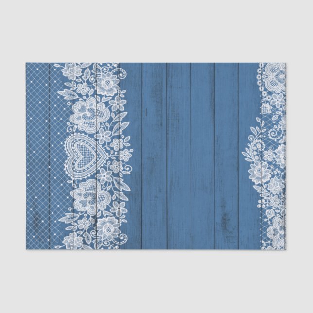 Papel De Seda Azul Rústico Madeira & Branco Renda Rústico Farmho (Frente )