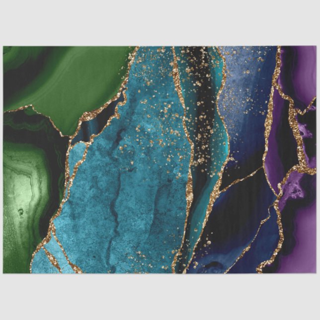 Papel De Seda Azul/Teal/Agato Púrpura com Vias Douradas (Frente )