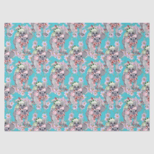 Papel De Seda Azul-Vintage Botânico Koala Christmas (Frente )