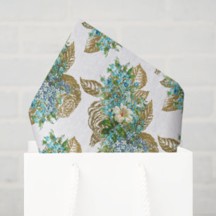 Papel De Seda Azul Vintage e Floral Dourado