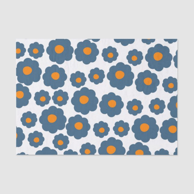 Papel De Seda Azul Whimsical & Laranja Floral Cheio (Frente )