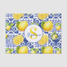 Papel De Seda Azulejo Azul Branco com Limão Monograma Nome Citri