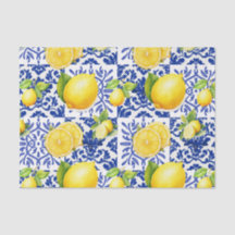 Azulejo Azul Branco com Padrão de Limão Mediterrân