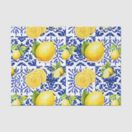 Papel De Seda Azulejo Azul Branco com Padrão de Limão Mediterrân