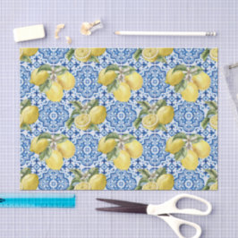 Papel De Seda Azulejo Azul Branco com Padrão de Limão Mediterrân