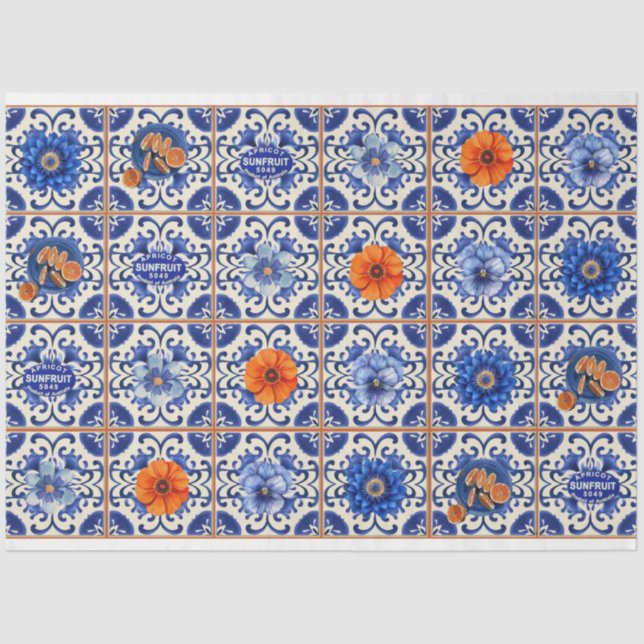 Papel De Seda Azulejo azul com flores laranja desligado (Frente )