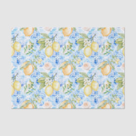 Papel De Seda Azulejo Azul Mediterrâneo Limão Amarelo Aquarela