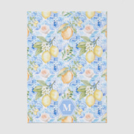 Papel De Seda Azulejo Azul Mediterrâneo Limoncello Monograma Nom