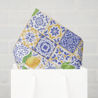 Papel De Seda Azulejo de Aquarela Mediterrâneo Padrão Limão