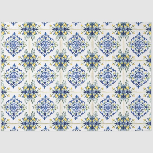 Papel De Seda Azulejo Floral de Limão Italiano Azul e Branco (Frente )