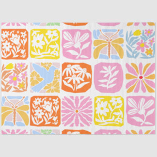 Papel De Seda Azulejo Inverso Colorido Folk Botânica Whimsical