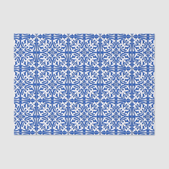 Papel De Seda Azulejo marroquino - azuis cobaltos e branco (Frente )