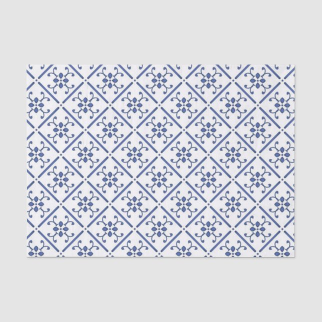 Papel De Seda Azulejo Mediterrâneo com Padrão Azul Branco (Frente )