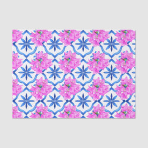 Papel De Seda Azulejos azuis Bougainvillea Mediterrâneo temático