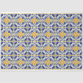 Papel De Seda Azulejos azuis com flores amarelas e caldas