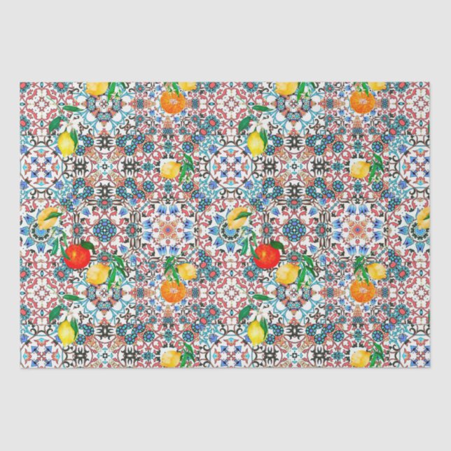 Papel De Seda Azulejos mediterrânicos,mosaico,limão,arte de verã (Frente )
