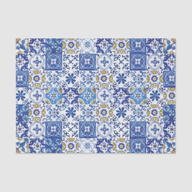 Papel De Seda Azulejos Mosaicos do Mediterrâneo Artesanato Azul (Frente )