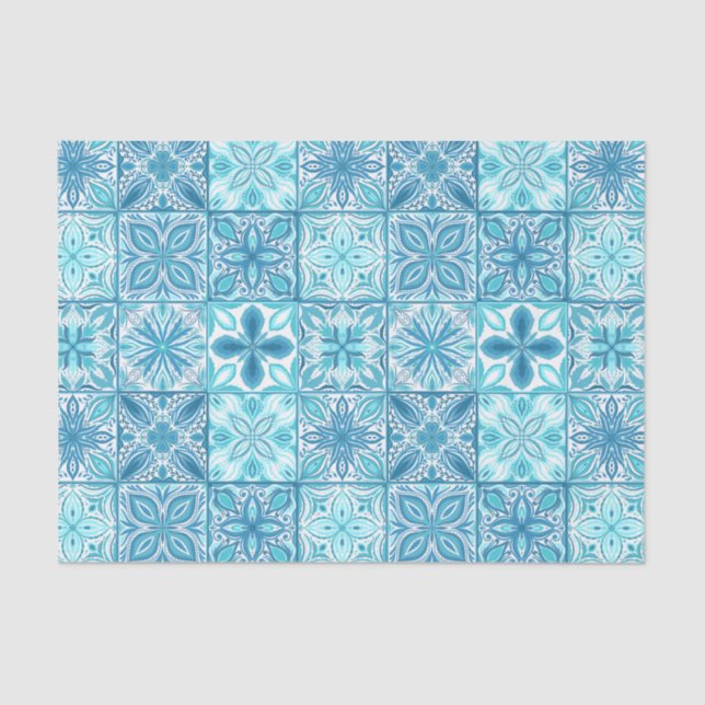 Papel De Seda azulejos ornamentados em azul e branco (Frente )