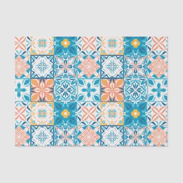 Papel De Seda azulejos ornamentados em azul e laranja (Frente )
