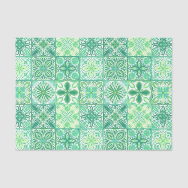 Papel De Seda azulejos ornamentados em verde e branco (Frente )