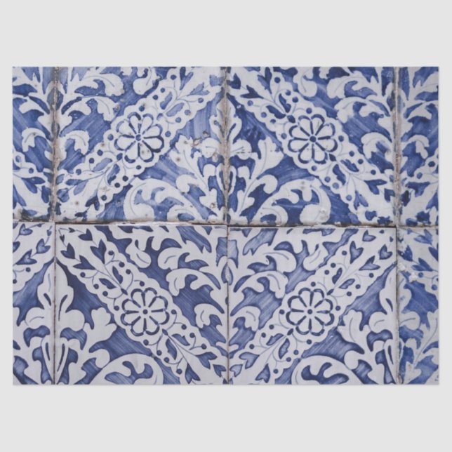 Papel De Seda Azulejos Portugueses - Azulejo Azul e Branco Flora (Frente )