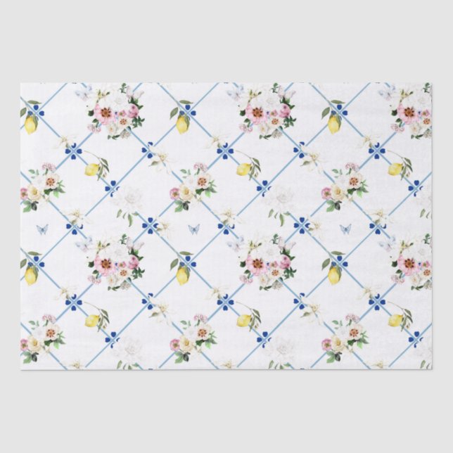 Papel De Seda Azulejos sicilianos, mosaico, flores, limão, (Frente )