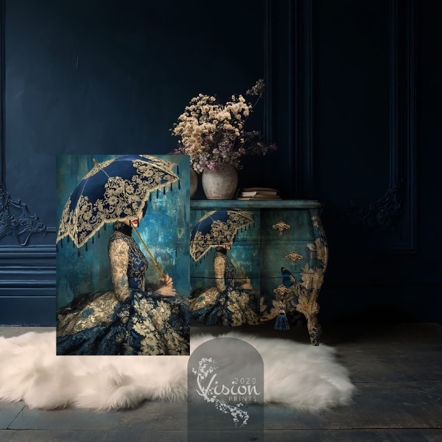 Papel De Seda Azure Allure Retrato Francês & Guarda-Sol Azul Rea (Azure Allure, French Lady, Romantic Rococo Portrait Parasol Moody Blue Decoupage Tissue Paper)