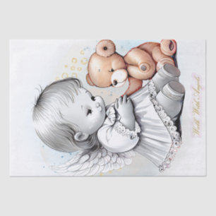 Papel De Seda Baby Angel e Teddy Bear Watercolor