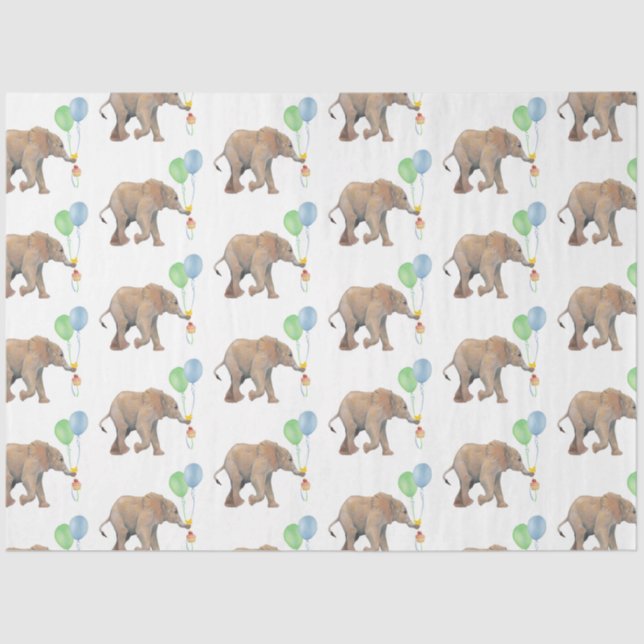 Papel De Seda Baby Elephant green & blue balloon Tissue Paper.  (Frente )