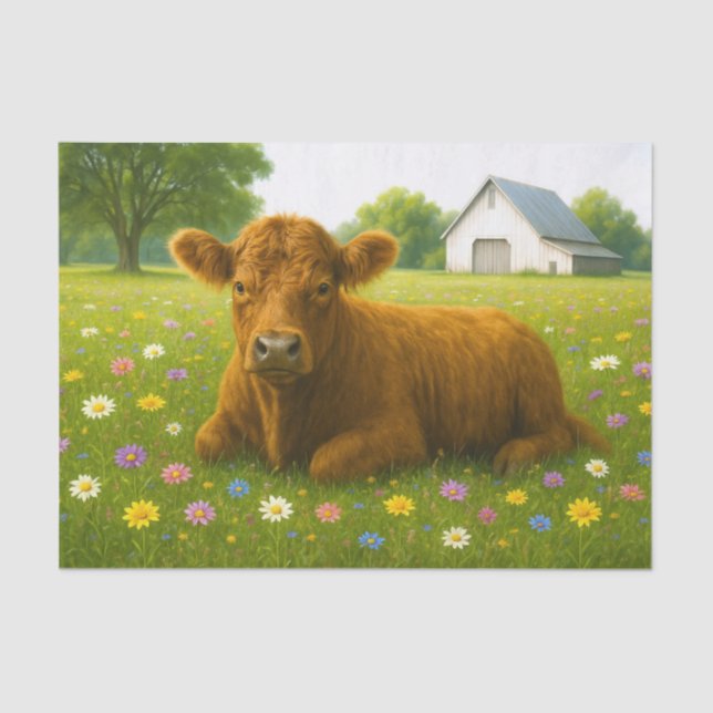 Papel De Seda Baby Highland Cow in Pasture of Flowers (Frente )