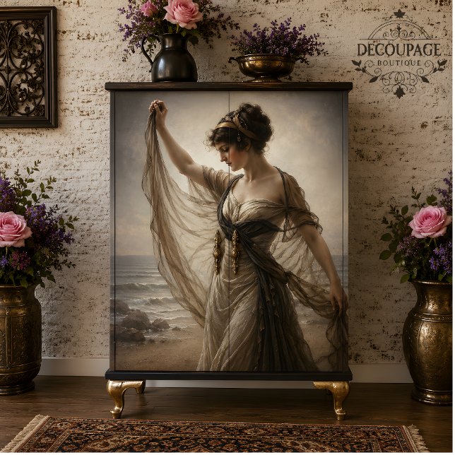 Papel De Seda Bailarina varrida pelo vento à beira-mar em decoup (Seaside windswept dancer in taupe decoupage tissue paper)