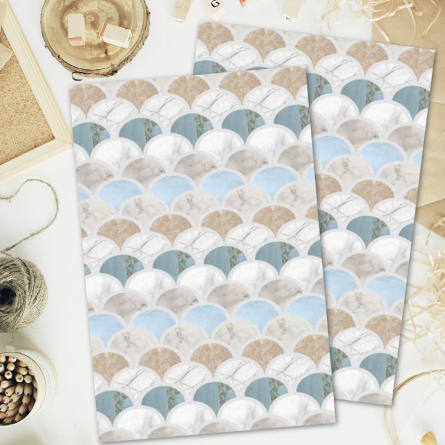 Papel De Seda balanças de sereia pastel branco azul-aqua da prai (beach aqua blue white marble pastel mermaid scales tissue paper)