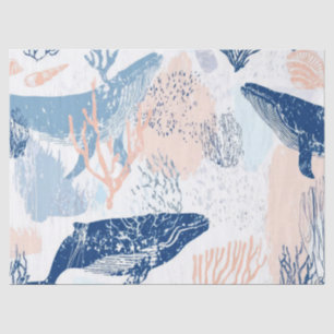 Papel De Seda Baleia Costeira Vida Marinha Coral Azul Pêssego (1