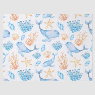 Papel De Seda Baleias Azuis Náuticas Fofas Vida Marrom Oceânica 