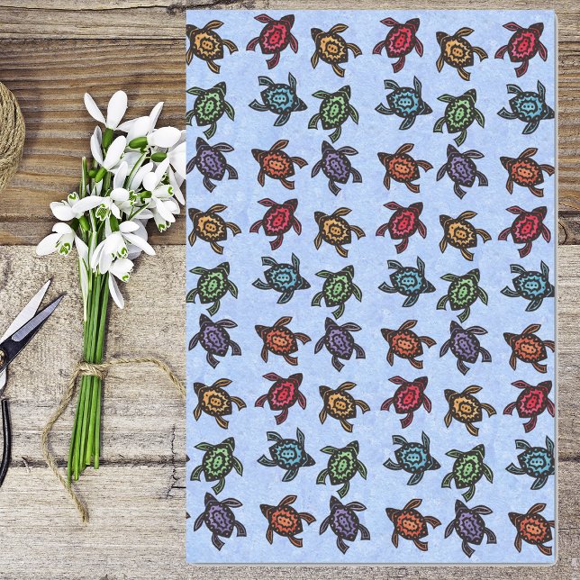 Papel De Seda Bando de tartarugas Abstrato Azul (Bunch of abstract turtles in multiple bright colours on light blue tissue wrapping paper.)
