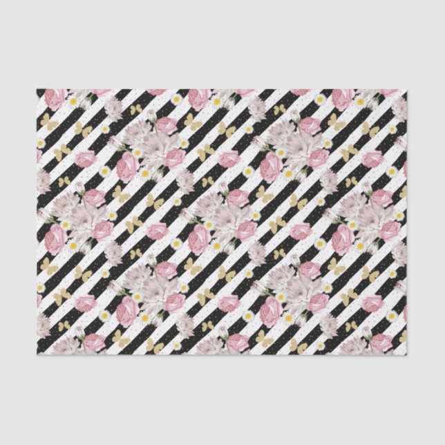 Papel De Seda Banheira Rosa Daisy Floral Black Stripe (Frente )